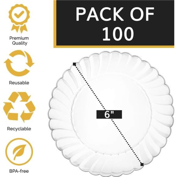Premium Hard Plastic Plate Set 100 x 6” Clear Round Plates - Washable & Reusable - Picture 6 of 8
